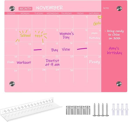 Glass Dry Erase Whiteboard, Pink Glass Monthly Calendar Whiteboard, 18" x 24",Frameless Glass White Board for Home, School, Office, Pink Surface(GlassA-PK-4560)