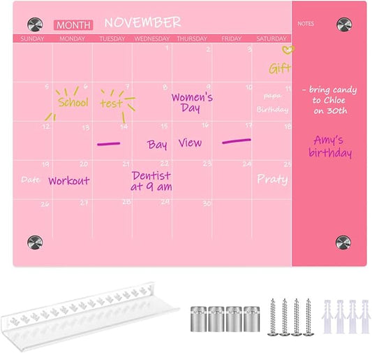 Glass Dry Erase Whiteboard, Pink Glass Monthly Calendar Whiteboard, 18" x 24",Frameless Glass White Board for Home, School, Office, Pink Surface(GlassA-PK-4560)