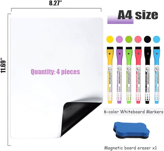 Magnetic Dry Erase Board Sheet for Fridge 4 PCS, 12"X8" Erasable Refrigerator Small Magnet WhiteBoard, Include 1 Eraser, 6 Markers