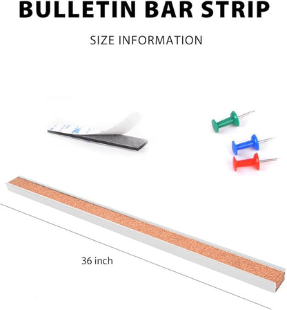 Corksidol Bulletin Bar Strip, Cork Board, Cork Strips, 36" x 1", Classroom, Office, Walls, Cubicle, Aluminum Frame,2 Pack, Silver