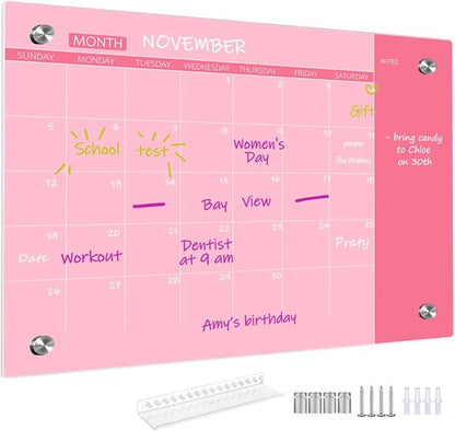 Glass Dry Erase Whiteboard, Pink Glass Monthly Calendar Whiteboard, 18" x 24",Frameless Glass White Board for Home, School, Office, Pink Surface(GlassA-PK-4560)