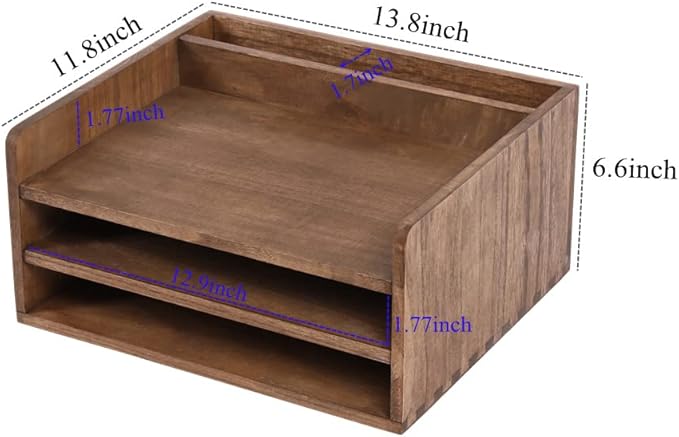 Desk Organizer for File Folder Storage with 3 Paper Letter Tray &1 Vertical Compartment- Wood Office Desktop Document Organizer Rack - Filing Folder Mail Sorter Desk accessories Dark WJJ3K-DK