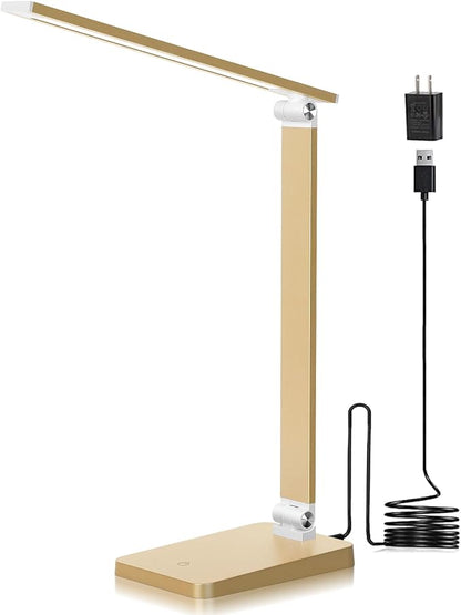 LED Desk Lamp for Home Office, 3 Levels Dimmable Reading Desk Light with USB Charging Port, Desk Accessories Touch Control Table Lamp, Eye-Caring Small Study Lamp for College Dorm Room, Gold, 5000K