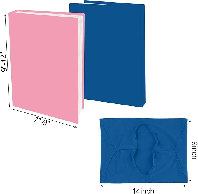 2 Pack Stretchable Book Sleeve Covers, for Paperbacks Hardcover Textbooks up to 9" x 12", Office Supplies with Free Sticker Labels (2 Pack, Pink + Blue)
