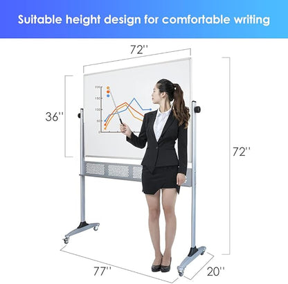 XIWODE Upgraded Large Double-Sided Magnetic Whiteboard with Movable Mesh Bracket & Wheels - 72x36 Inch, Anti-Scratch, Easy-Clean Porcelain Enamel Surface - Flip, Write & Display