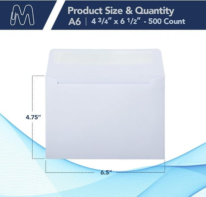 MOS A6 Invitation Envelopes – 4-3/4" x 6-1/2" White Mailing Envelopes Self Seal (500 Count) – 120GSM/ 32LB Bond Heavy Duty – Gift Card, Business, Wedding, Card
