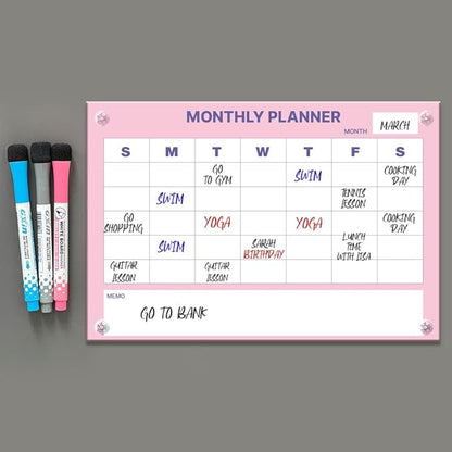 GEEKBEAR Dry Erase Refrigerator Calendar with 3 Markers - Attachable to Any Fridge with Special Suction Cups - Monthly and Weekly Designs, Acrylic - 15.7" x 10.6" (03. Modern Pink, Monthly)