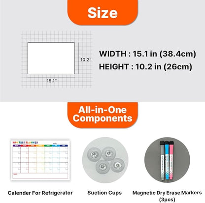 GEEKBEAR Dry Erase Refrigerator Calendar with 3 Markers - Attachable to Any Fridge with Special Suction Cups - Monthly and Weekly Designs, Acrylic - 15.7" x 10.6" (06. Rainbow, Monthly)
