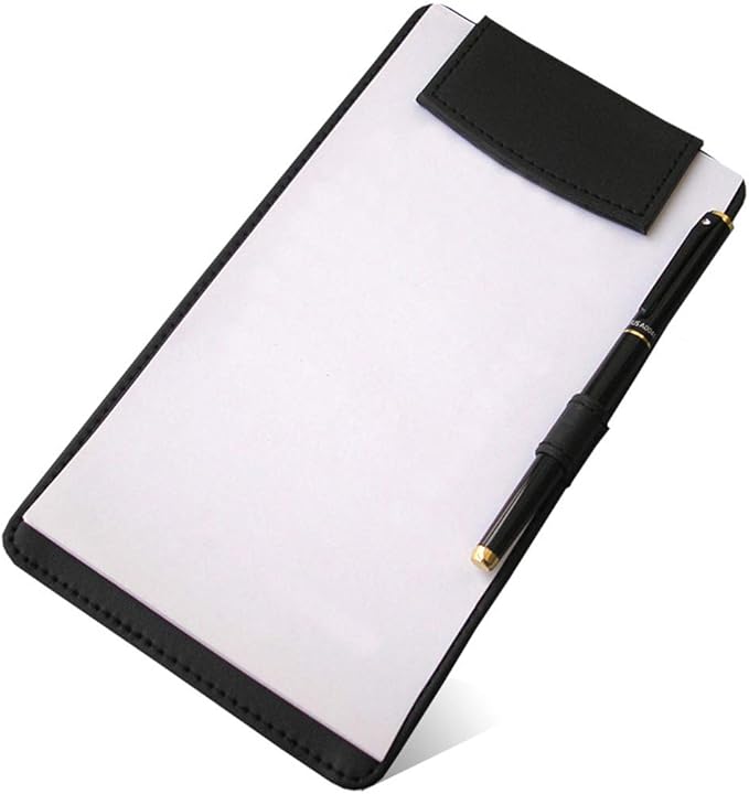 PU Leather Clipboard 8.6" X 4.7" - A6 Long File Clip Folder Document Organizer Writing Pad Office Business Card Holder - Magnetic Conference Pad with Pen Holder - Black