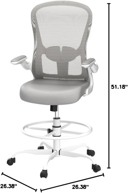 Drafting Chair, Tall Office Chair with Flip-up Armrests Executive Ergonomic Computer Standing Desk Chair, Office Drafting Chair with Lumbar Support and Adjustable Footrest Ring