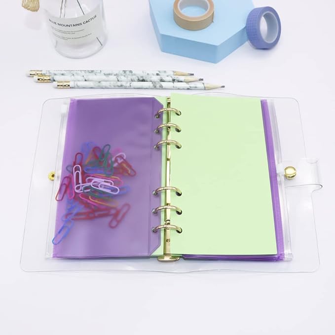 Purple PVC Binder Pockets 12pcs A6 Binders Zipper Pouch Bag Loose Leaf 6 Holes PVC Zip Organizer Folder for Journal Budget Filing Pocket Bags