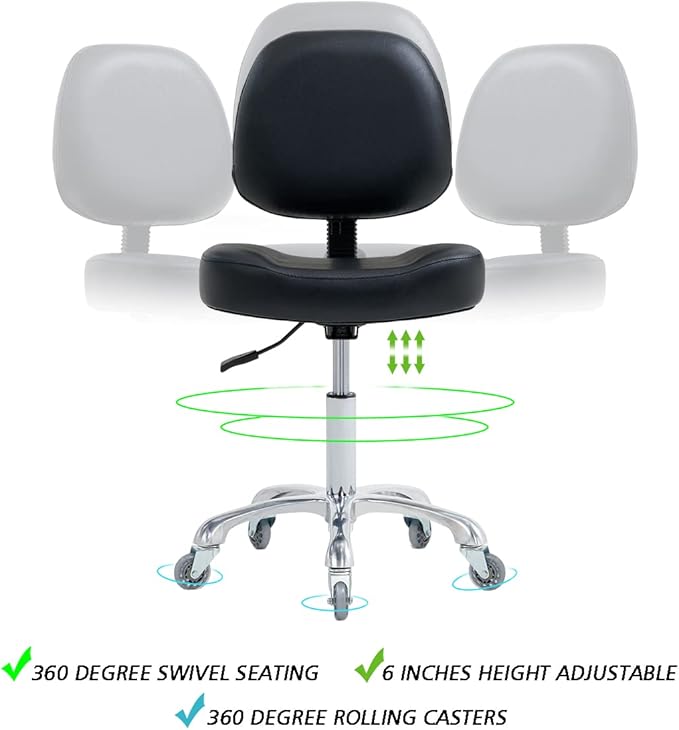 Vanity Rolling Chair Esthetician Shop Stool with Wheels,Ergonomic Lash Armless Office Chair, Desk Chair for Makeup Bedroom Classroom (Black)