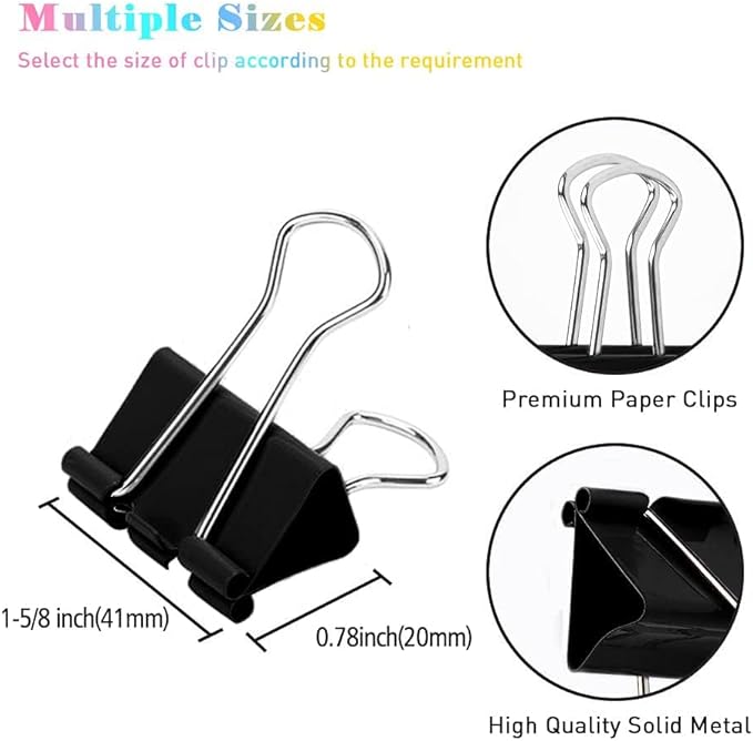 Black Binder Clips, 72 Pack, Standard 41mm, 1.6 Inch, Large Clips, Capacity 0.66 Inch, Binder Clips Large Size, Large Paper Clips, Office Clips, Great Binder Clips