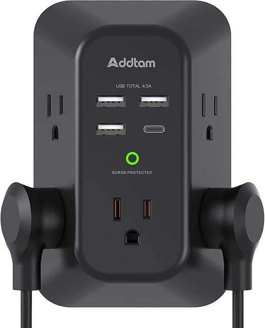 Surge Protector Outlet Extender, Addtam Multi Plug Wall Outlet with 4 USB Ports(1 USB-C), 3-Sided 1800J Power Strip Plug Extension Outlet Splitter, Black