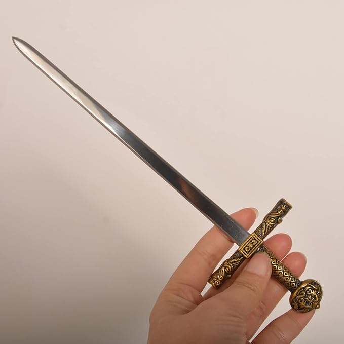11“ Metal Stainless Steel Letter Opener Sword with Stand,Medieval Vintage Gold Handle,Mini Sword,Lightweight Hand Envelope Slitter,Special Gift