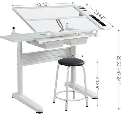 Hand Adjustable Height Drafting Table Artist Drawing Table Multifunctional Art Craft Artists Desk Tilting Glass Tabletop Glass Topped Art Desk Work Station With Stool and Chair for Home Office White