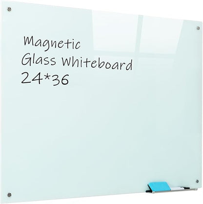 Magnetic Glass Whiteboard, 24"x36"Frameless Dry Erase Board White Board Surface Wall Mounted for Office, Classroom & Home