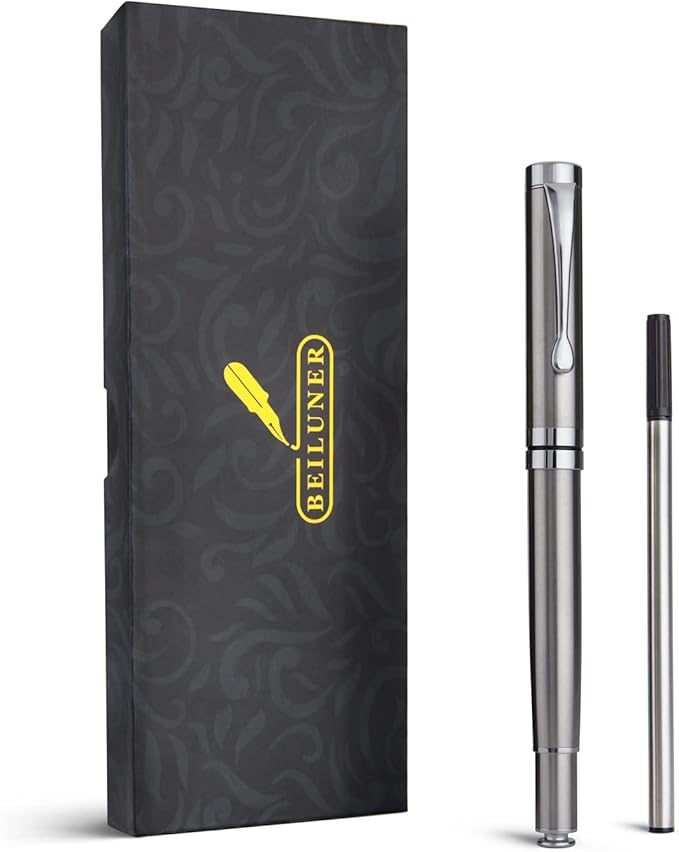 BEILUNER Silver Ballpoint Pens, Stainless Steel Body, Smooth Writing Experience, Dishwasher Safe, Gift Box with Extra Refill