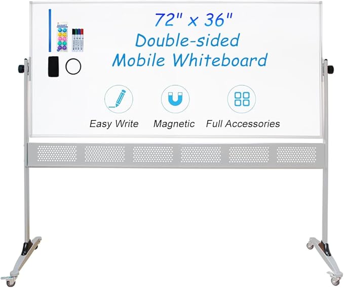 XIWODE Upgraded Large Double-Sided Magnetic Whiteboard with Movable Mesh Bracket & Wheels - 72x36 Inch, Anti-Scratch, Easy-Clean Porcelain Enamel Surface - Flip, Write & Display