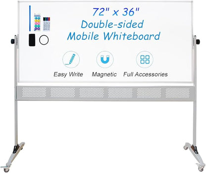 XIWODE Upgraded Large Double-Sided Magnetic Whiteboard with Movable Mesh Bracket & Wheels - 72x36 Inch, Anti-Scratch, Easy-Clean Porcelain Enamel Surface - Flip, Write & Display
