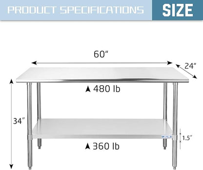 HALLY Stainless Steel Table for Prep & Work 24 x 60 Inches, NSF Commercial Heavy Duty Table with Undershelf and Galvanized Legs for Restaurant, Home and Hotel