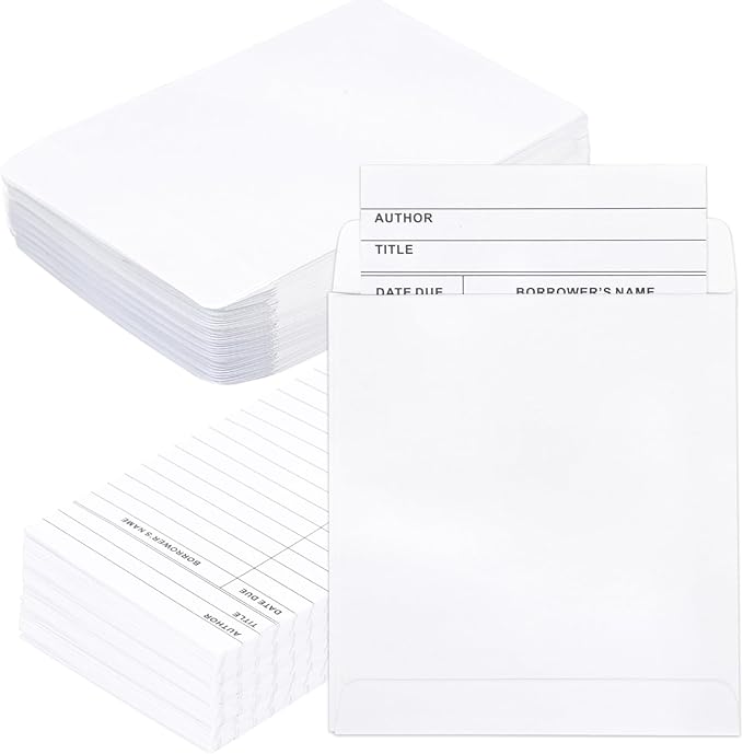 200 Pieces Library Pockets and Cards, Library Check out Cards Library Card Pocket Self Adhesive Library Card Pocket Envelopes for School Office Public Library Books