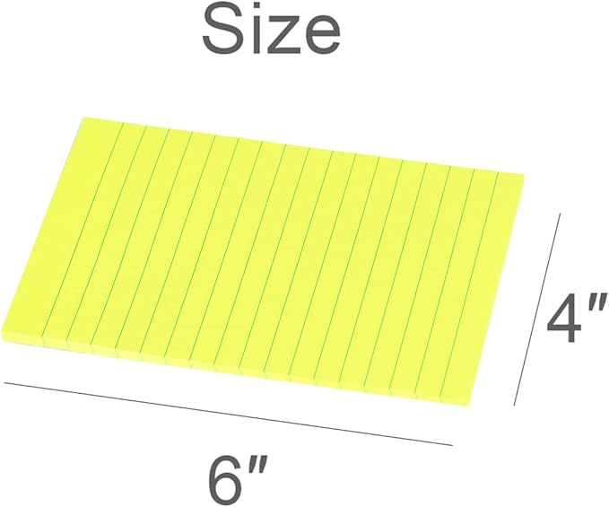 Vanpad Lined Sticky Notes 4X6 in Bright Yellow Ruled Stickies Super Sticking Power Memo Pads Strong Adhesive, 6 Pads/Pack, 45 Sheets/pad