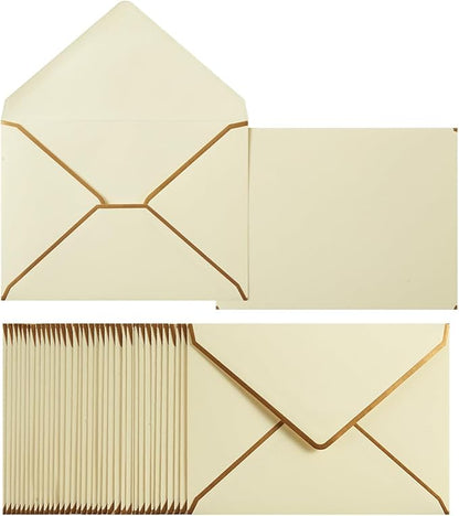 50 Pack Cream Color A4 Envelopes 4x6 Self-Adhesive V Flap Envelopes with Gold Border for Office, Greeting Card, Wedding, Graduation, Baby Shower, Parties, Invitations (4.25x6.25 inches)
