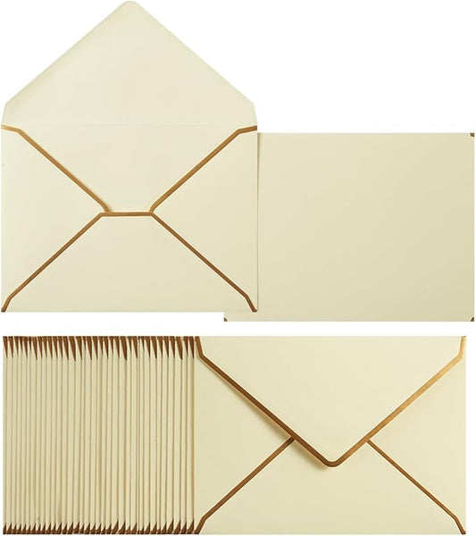 50 Pack Cream Color A4 Envelopes 4x6 Self-Adhesive V Flap Envelopes with Gold Border for Office, Greeting Card, Wedding, Graduation, Baby Shower, Parties, Invitations (4.25x6.25 inches)