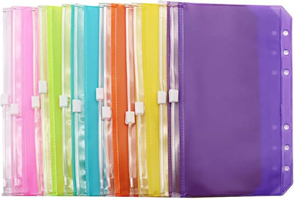 Colorful PVC Binder Pockets 12pcs A6 Binders Zipper Pouch Bag Loose Leaf 6 Holes PVC Zip Organizer Folder for Journal Budget Filing Pocket Bags