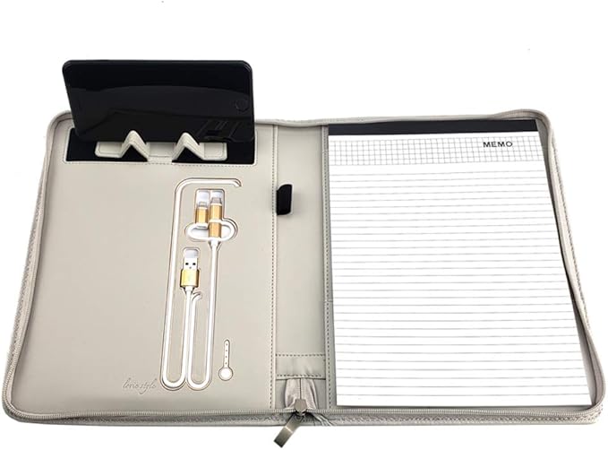 Phone Charging Business & Travel Portfolio w/Built-in Power Bank- Zipper Closure & Refillable Pad- Professional Organizer Padfolio That Charges Phones/Tablets on The Go (Gray)