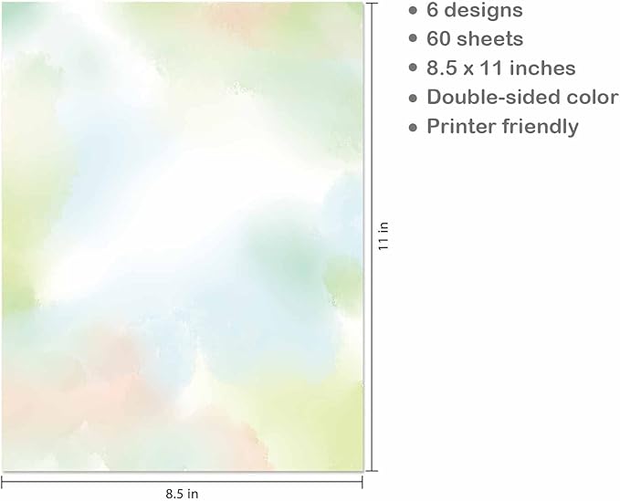 Watercolor Styles Aesthetic Stationery Paper, 8.5 x 11 In, 60 Sheets, Double Sided, Colorful Pretty Decorative Scrapbook / Writing Paper, Printer Friendly for Invitations