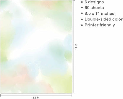 Watercolor Styles Aesthetic Stationery Paper, 8.5 x 11 In, 60 Sheets, Double Sided, Colorful Pretty Decorative Scrapbook / Writing Paper, Printer Friendly for Invitations