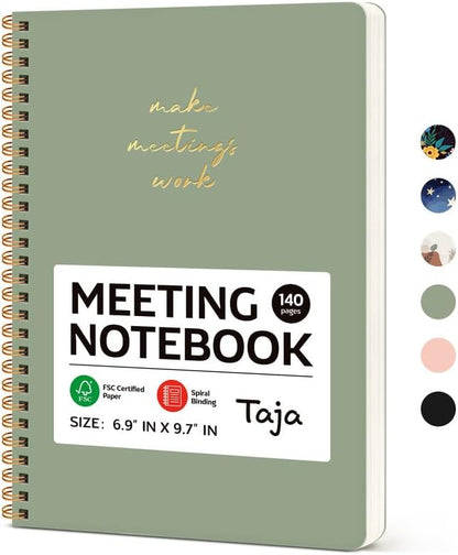 Taja Meeting Notebook for Work Organization - Work notebook with action items, Meeting Minutes Planner Notebook, Perfect Office Supplies for Men & Women - Green
