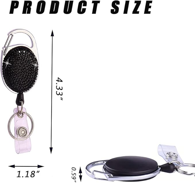 VIQWYIC 2 Pack Retractable ID Badge Holder with Clip, ID Name Badge Reels with Bling Rhinestones Retractable Card Holder for Office Worker Teacher Doctor Nurse(Black&Silver)