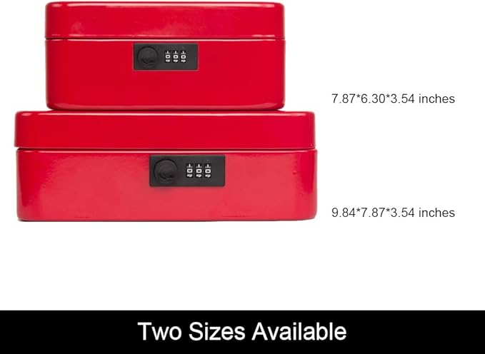 KYODOLED Medium Cash Box with Combination Lock Safe Metal Money Box with Money Tray for Security Lock Box 7.87"x 6.30"x 3.54" Red Medium