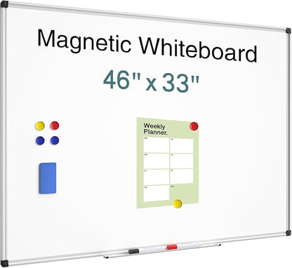 Magnetic Dry Erase Whiteboard - 46 x 33 Inch White Board - 4 x 3 Large Wall-Mounted Board with Silver Aluminum Frame, 1 Magnetic Eraser, 2 Pen, Detachable Marker Tray, 6 Magnets