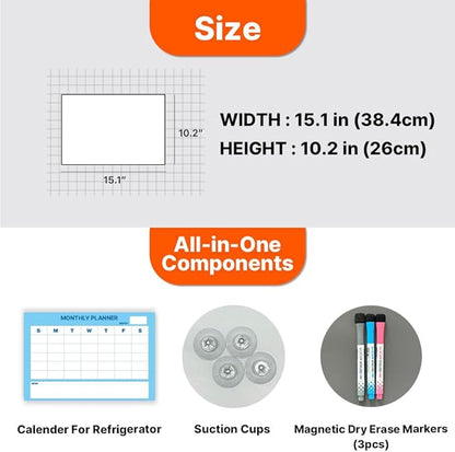 GEEKBEAR Dry Erase Refrigerator Calendar with 3 Markers - Attachable to Any Fridge with Special Suction Cups - Monthly and Weekly Designs, Acrylic - 15.7" x 10.6" (04. Modern Blue, Monthly)