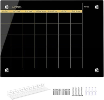 Okydoky Glass Dry Erase Whiteboard,Monthly Calendar Whiteboard,12" x 16",Frameless Glass White Board for Home,School,Office,Black Surface(GlassA-BK-3040)