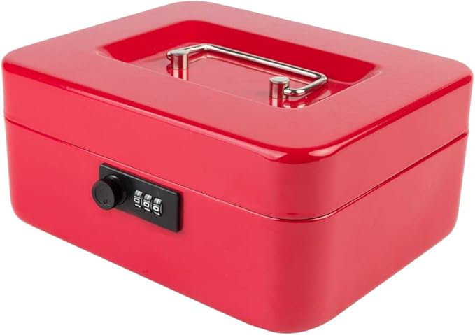 KYODOLED Medium Cash Box with Combination Lock Safe Metal Money Box with Money Tray for Security Lock Box 7.87"x 6.30"x 3.54" Red Medium