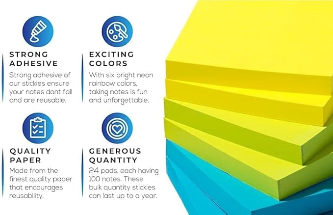 (6 Pack) Sticky Notes 3x3 in Bright Colored Super Self Sticky Pads - 100 Sheets/Pad - Easy to Post for School, Office Supplies, Desk Accessories