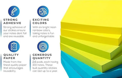 (6 Pack) Sticky Notes 3x3 in Bright Colored Super Self Sticky Pads - 100 Sheets/Pad - Easy to Post for School, Office Supplies, Desk Accessories