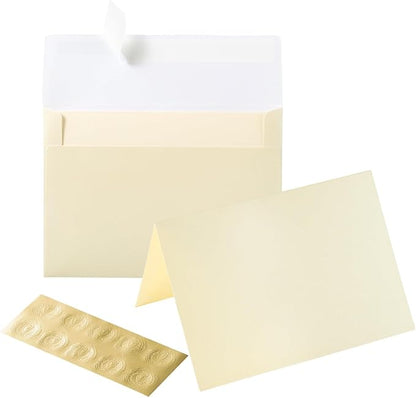 Wishop 50 Pack Shiny Self-Adhesive Envelopes with Shiny Fold Cards for Wedding Invitations, Greeting Cards, Baby Shower, Letter Mailing (Cream Color, 4x6)