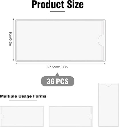 36 Pack Adhesive 10.8" x 3.5" Index Card Pockets with Top Open for Loading, Clear Plastic Labels Holders for Storage Bins Library Card Totes Shelves