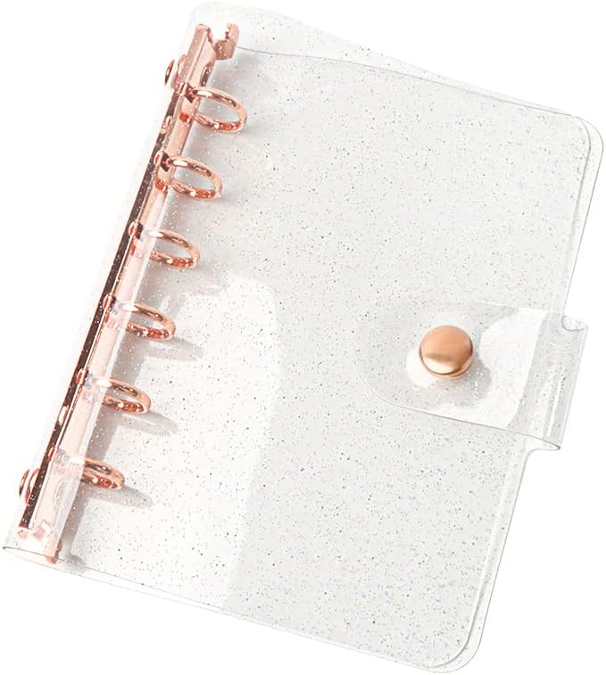 Glitter Powder PVC Binder Cover 6 Round Ring Binders Snap Button Closure Loose Leaf Folders Refillable Soft PVC Notebook Shell Protector (Rose Gold 6 Rings, A7 Binder)
