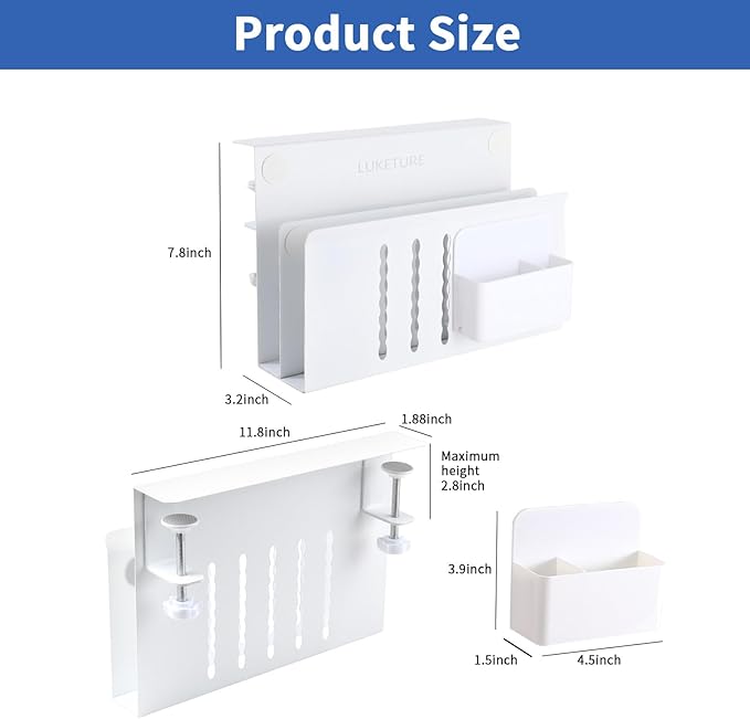 LUKETURE Desk Side Storage, 2 Tier Steel Hanging Organizer, No Drill Side Desk Organizer, Laptop Holder, with Pen Holder, Hanging Table Storage for Office and Home