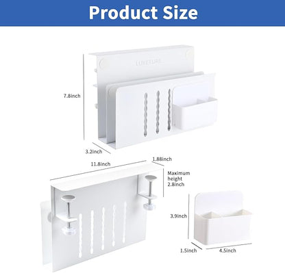 LUKETURE Desk Side Storage, 2 Tier Steel Hanging Organizer, No Drill Side Desk Organizer, Laptop Holder, with Pen Holder, Hanging Table Storage for Office and Home