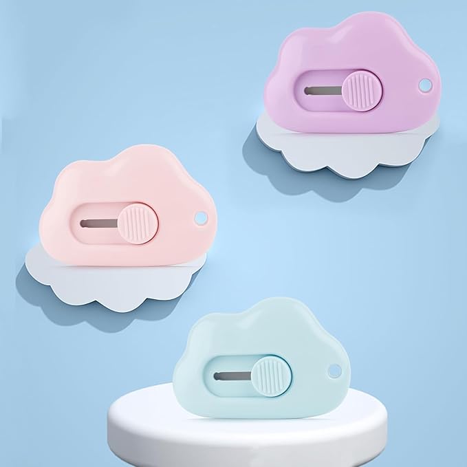3Pcs Mini Paper Cutter Box Cutter Retractable with Key Chain Hole, Portable Letter Opener with Cute Cloud Shape, School And Office Supplies,Office Supplies