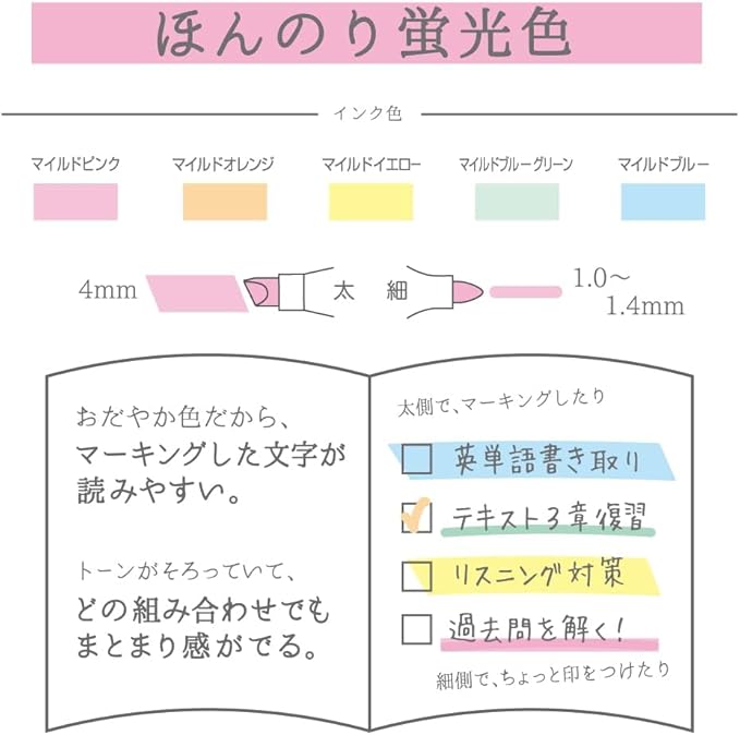 ZEBRA WKT7-5C-N Highlighter, Mildliner, Faint Fluorescent Colors, 5 Colors