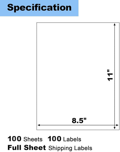100 Labels 8.5"x11" Full Sheet Shipping Labels for Laser & Inkjet Printers, 8 1/2x11 Matte White 1 Per Sheet Full Page Mailing Label Sheets for Copier Printer, Full Size Labels